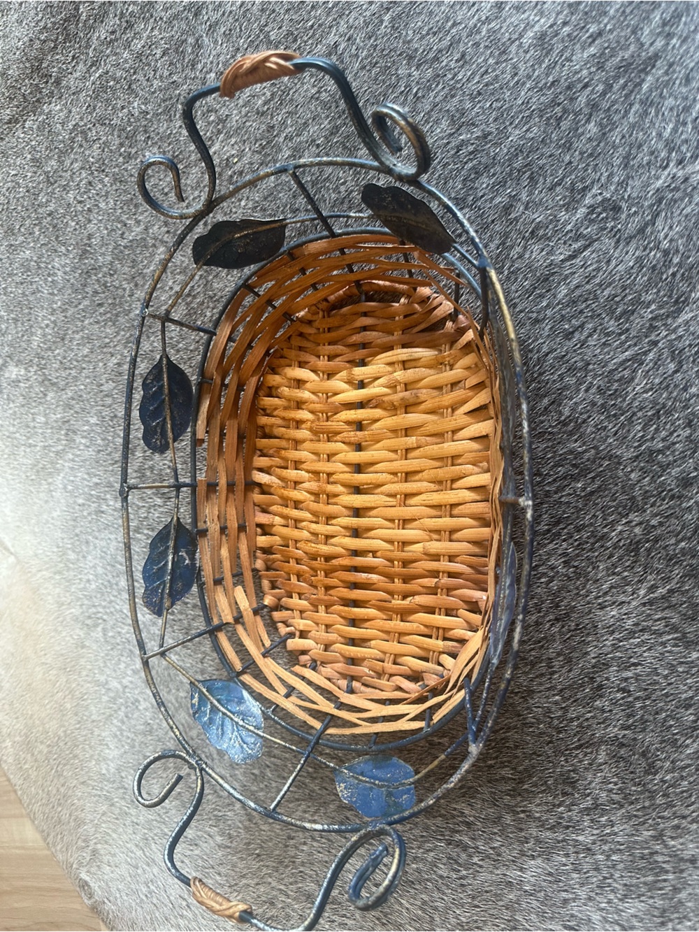 Woven Rattan and Metal Leaf Accent Basket - Brown with Blue